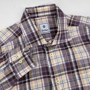 David Donahue Plaid Button Up Shirt Mens Large Cotton Brown Purple Long Sleeve